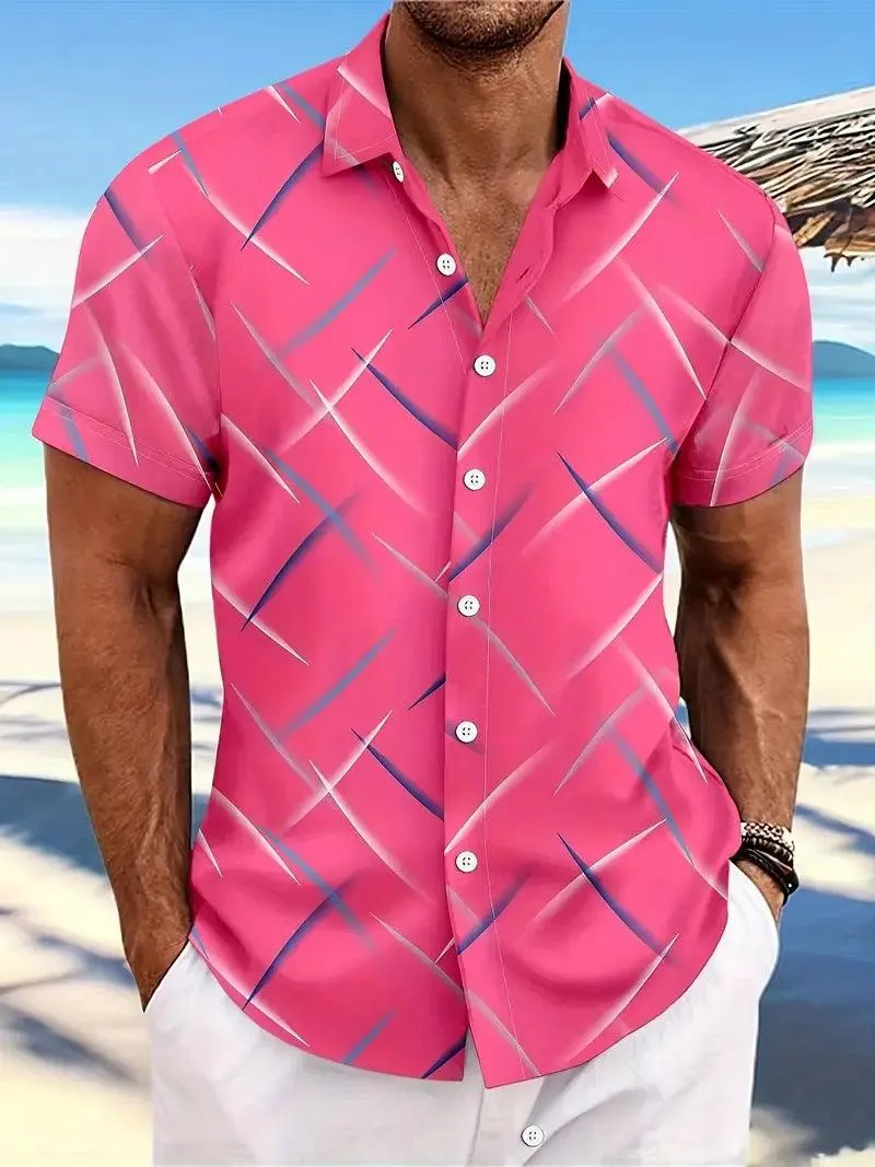 Men's Short Sleeve Button Shirt Summer New Men's Striped Feather Casual Beach
