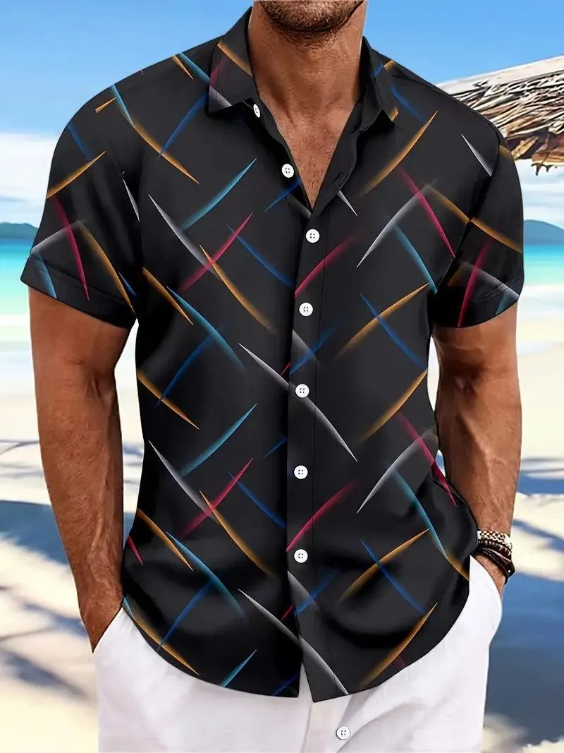 Men's Short Sleeve Button Shirt Summer New Men's Striped Feather Casual Beach