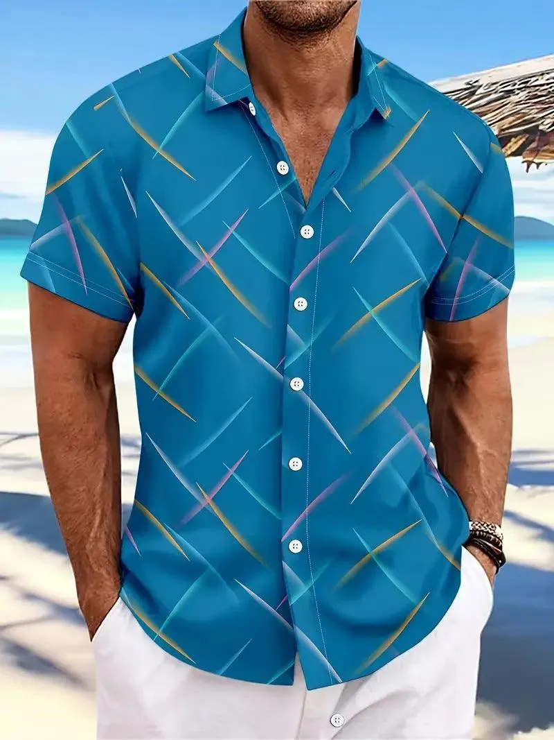 Men's Short Sleeve Button Shirt Summer New Men's Striped Feather Casual Beach