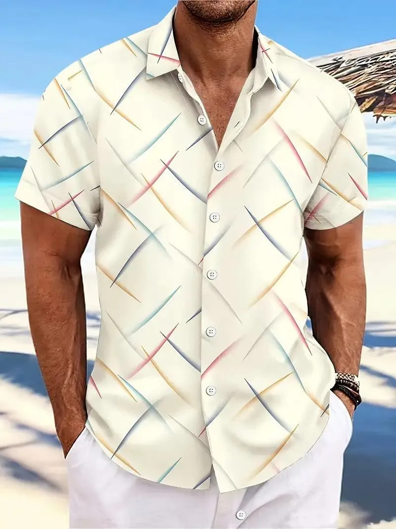 Men's Short Sleeve Button Shirt Summer New Men's Striped Feather Casual Beach