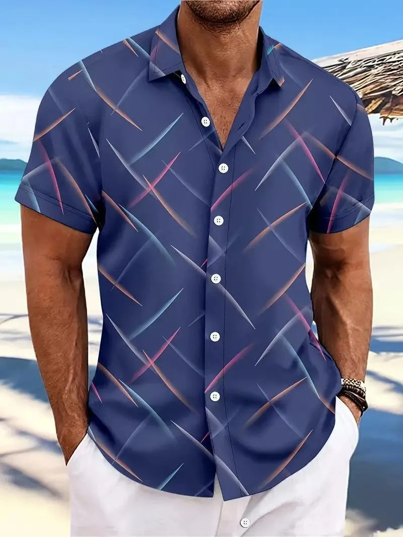 Men's Short Sleeve Button Shirt Summer New Men's Striped Feather Casual Beach
