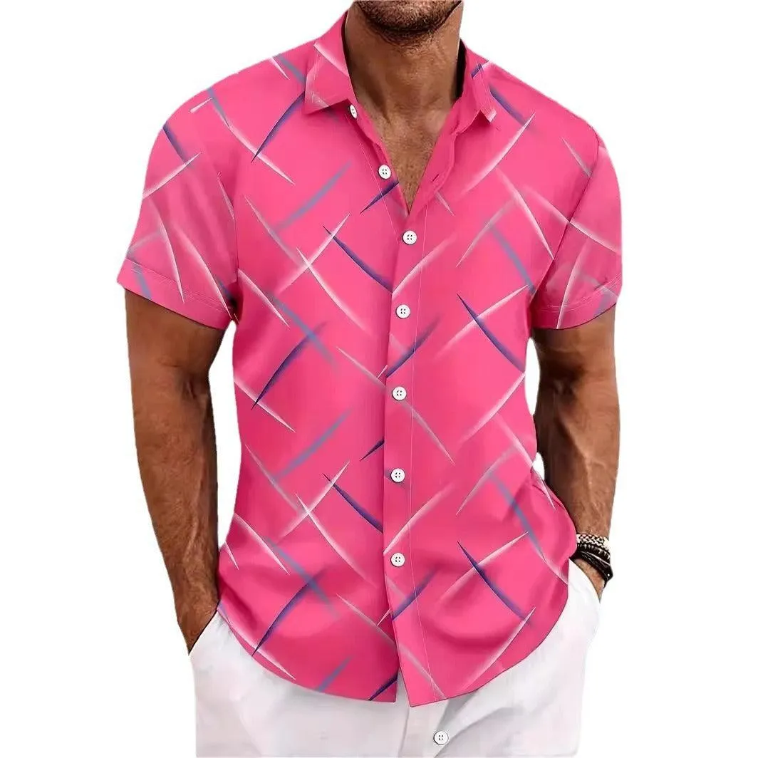 Men's Short Sleeve Button Shirt Summer New Men's Striped Feather Casual Beach