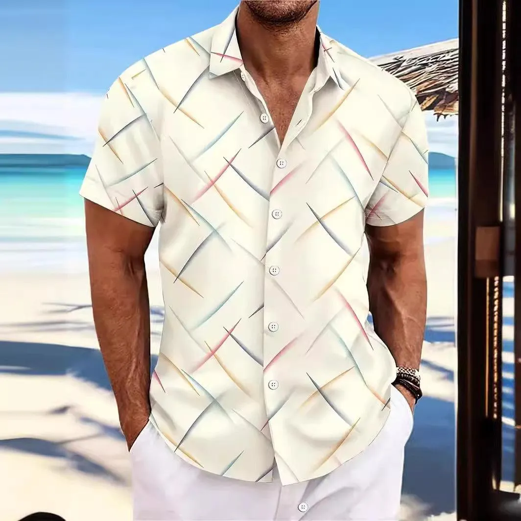 Men's Short Sleeve Button Shirt Summer New Men's Striped Feather Casual Beach
