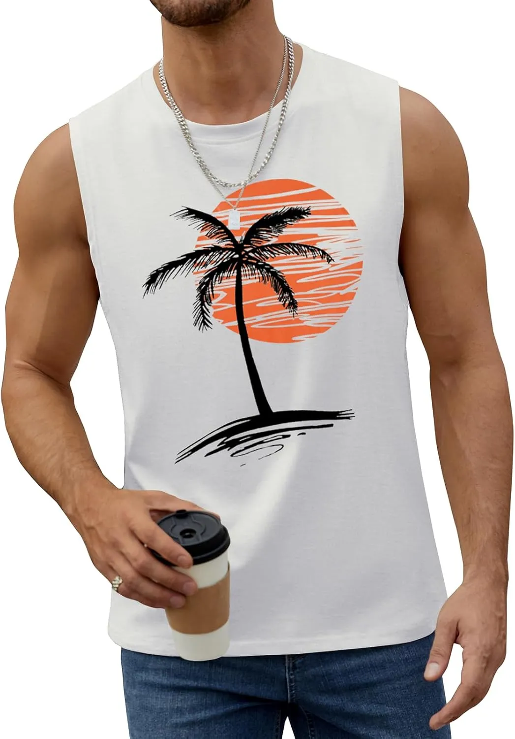 Mens Summer Beach Tank Top Tropical Hawaiian Palm Tree Print Sleeveless Shirts Muscle Tee Vacation Shirts