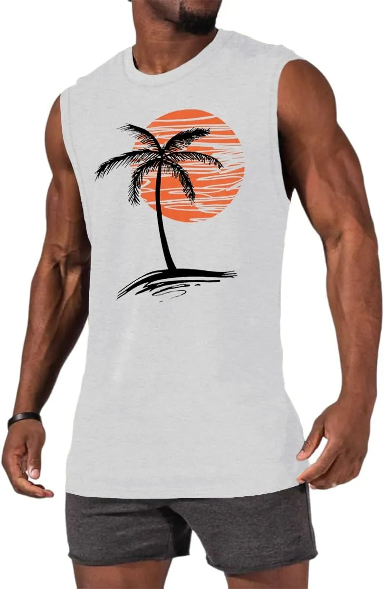 Mens Summer Beach Tank Top Tropical Hawaiian Palm Tree Print Sleeveless Shirts Muscle Tee Vacation Shirts