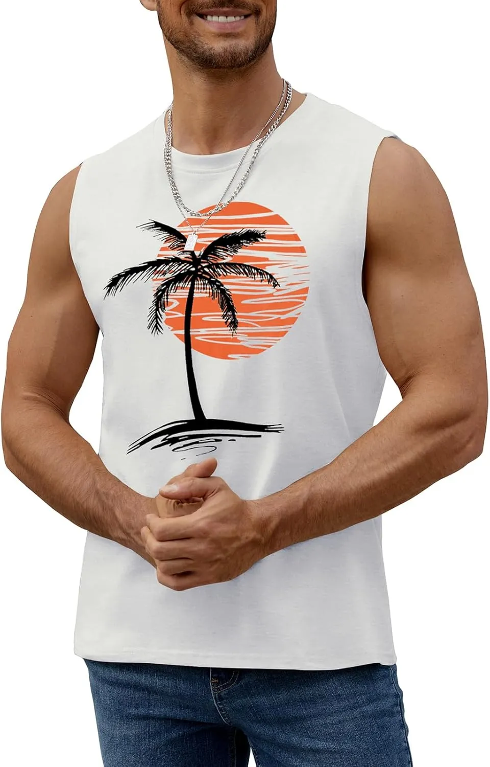 Mens Summer Beach Tank Top Tropical Hawaiian Palm Tree Print Sleeveless Shirts Muscle Tee Vacation Shirts