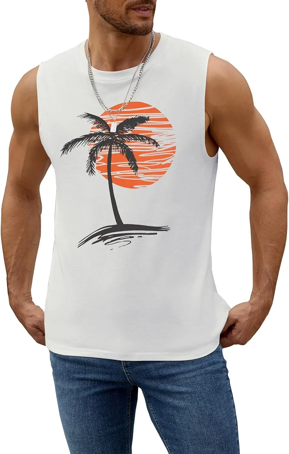 Mens Summer Beach Tank Top Tropical Hawaiian Palm Tree Print Sleeveless Shirts Muscle Tee Vacation Shirts