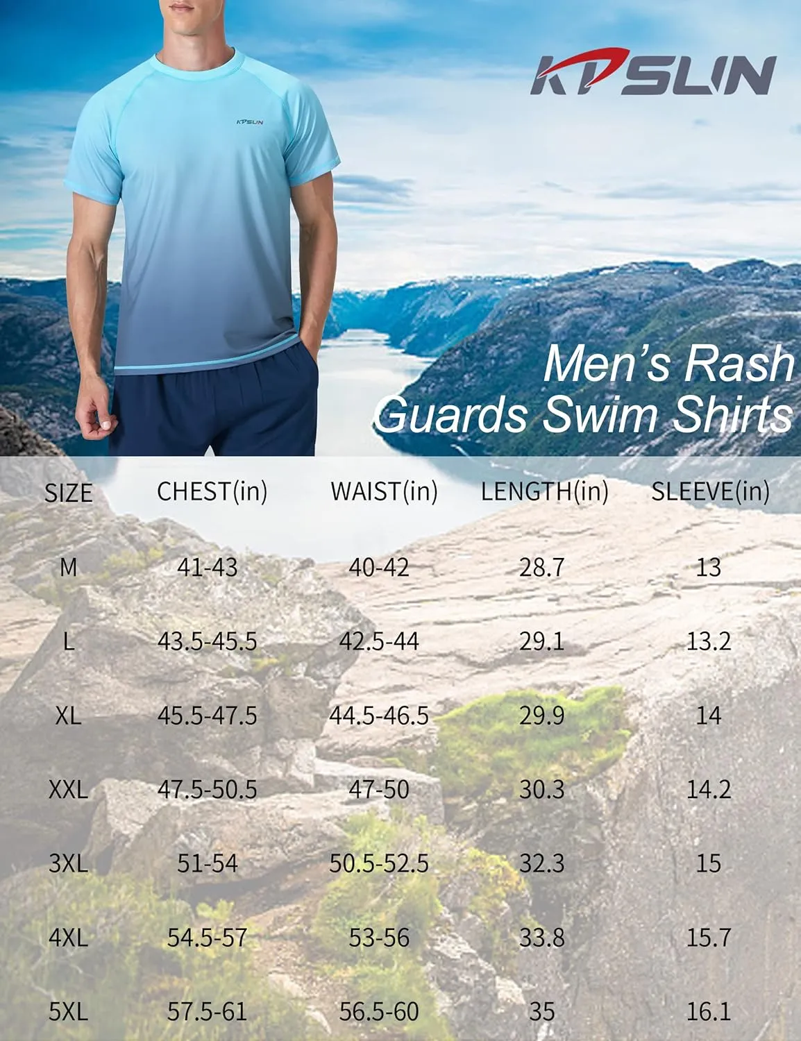 Mens Swim Shirts UPF 50  Sun Protection Quick Dry SPF Rash Guard Outdoor Beach Fishing T Shirts