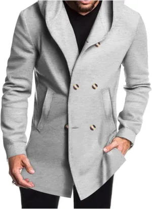 Men's Trench Coat Slim Fit Double Breasted Trench Coats with Hood Button Down Overcoat Warm Dress Pea Coats for Men