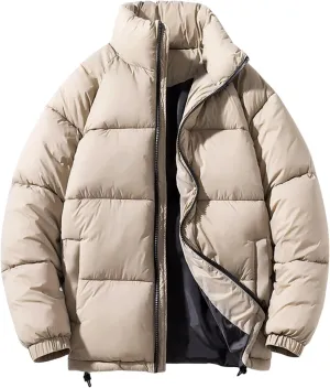 Mens Winter Coat Zipper Stand Collar Fashion Fall Casual Loose Solid Thickened Cotton Padded Warm Jacket Outwear