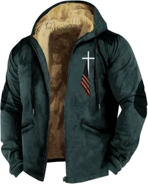 Mens Winter Jacket Printed Flag Hooded Brown Zipper Personalized Patch Casual Cotton Jacket Black Fleece