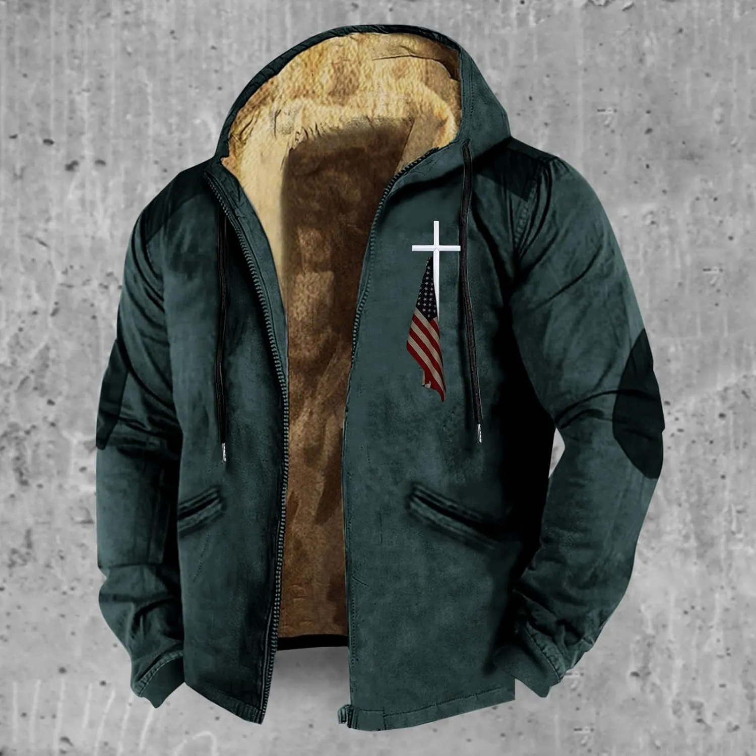 Mens Winter Jacket Printed Flag Hooded Brown Zipper Personalized Patch Casual Cotton Jacket Black Fleece