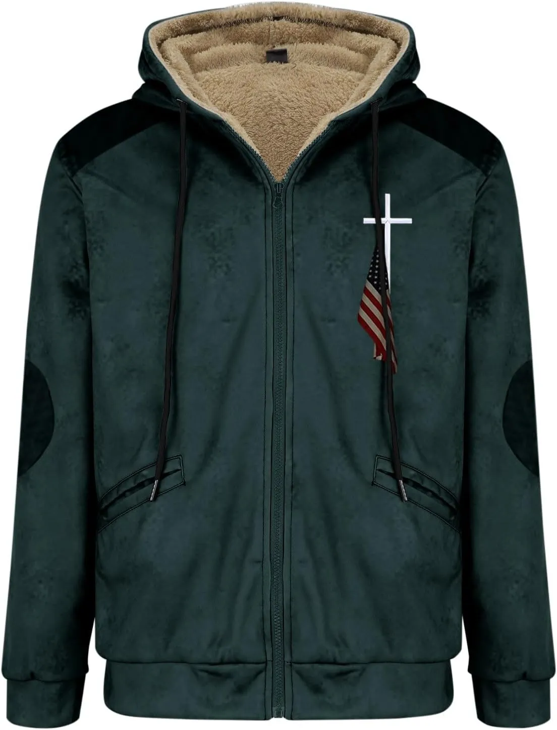 Mens Winter Jacket Printed Flag Hooded Brown Zipper Personalized Patch Casual Cotton Jacket Black Fleece