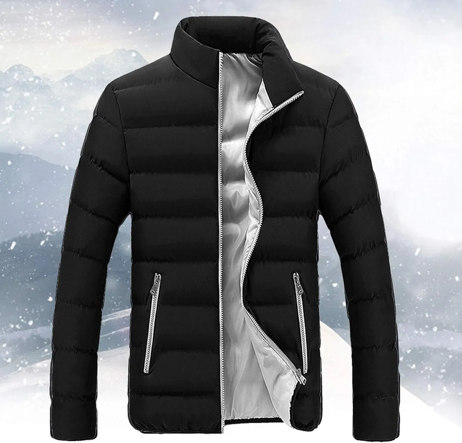 Mens Winter Puffer Jacket Full Zip Quilted Warm Packable Down Coats Lightweight Plus Size Puffy Stand Collar Jackets