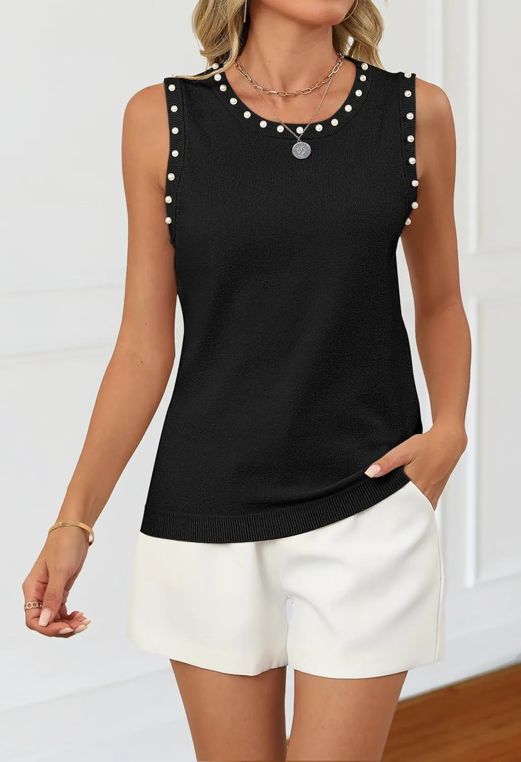 MEROKEETY Women's 2025 Sleeveless Sweater Vest Summer Knit Tank Tops Dressy Casual Crewneck Pearl Blouses