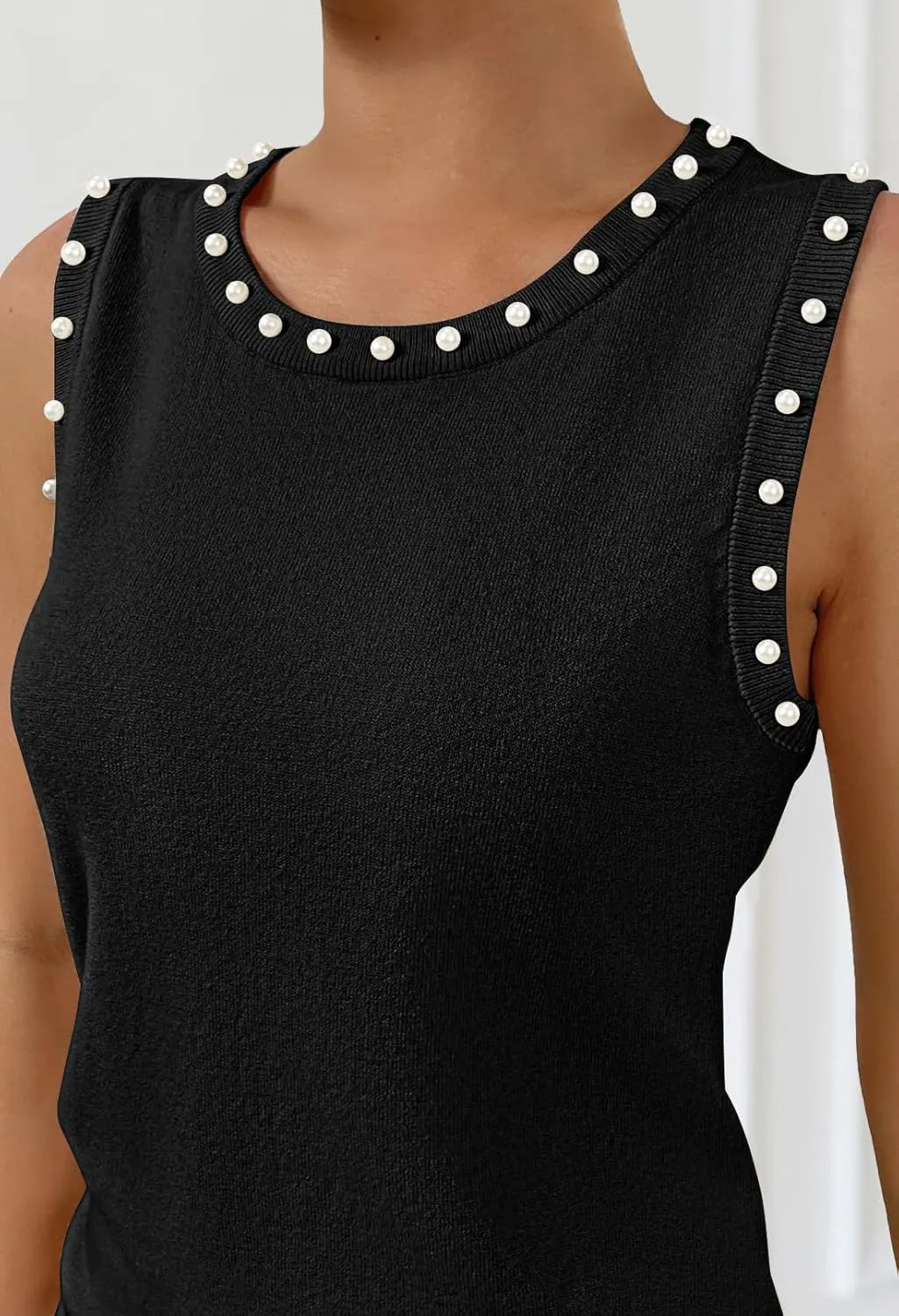 MEROKEETY Women's 2025 Sleeveless Sweater Vest Summer Knit Tank Tops Dressy Casual Crewneck Pearl Blouses