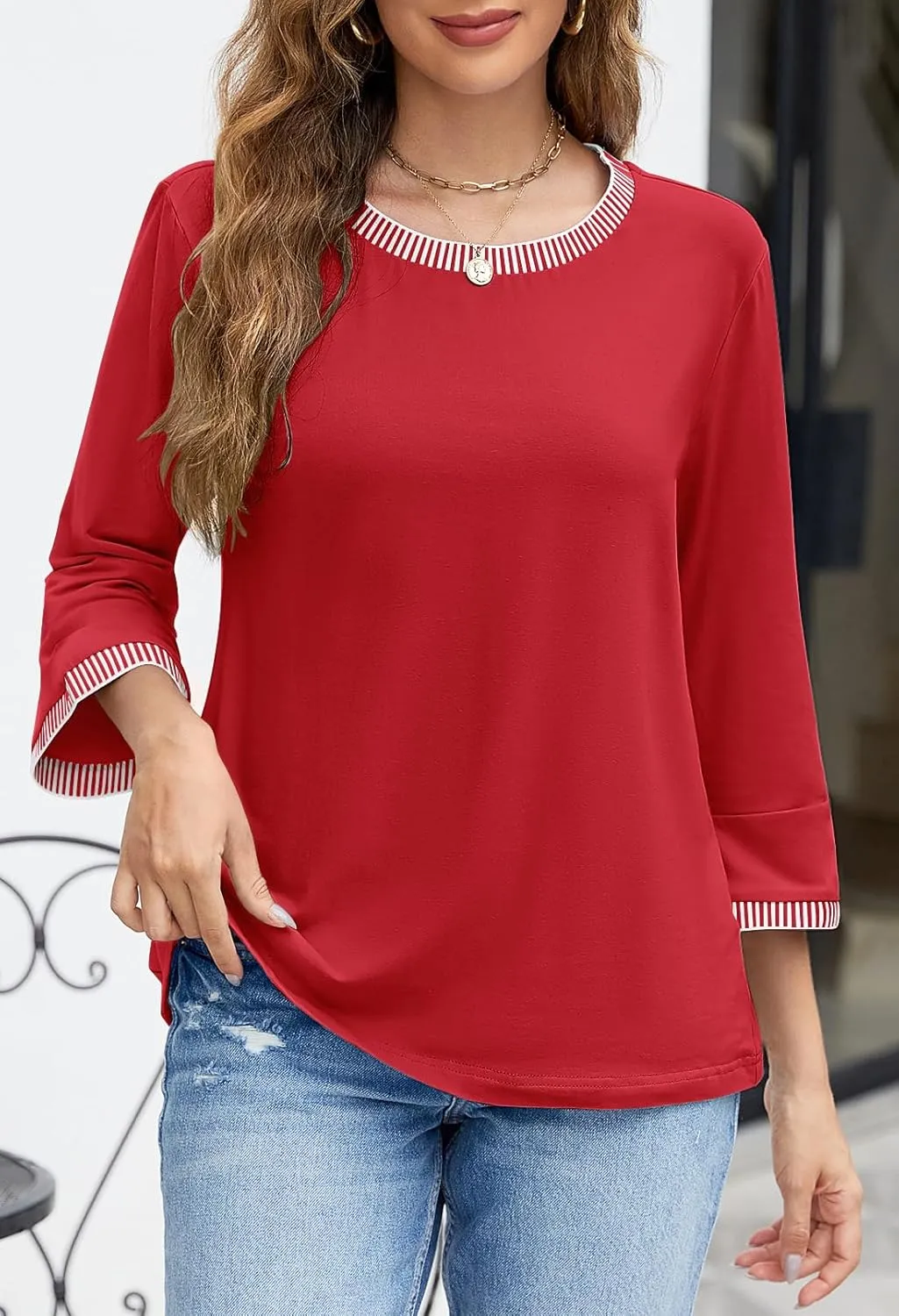 MEROKEETY Women's 3/4 Length Sleeve Tops Dressy Casual Crew Neck Loose Trendy Spring Blouses T Shirts