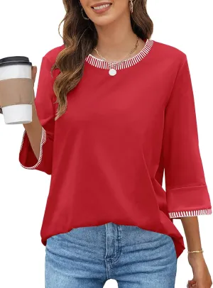 MEROKEETY Women's 3/4 Length Sleeve Tops Dressy Casual Crew Neck Loose Trendy Spring Blouses T Shirts