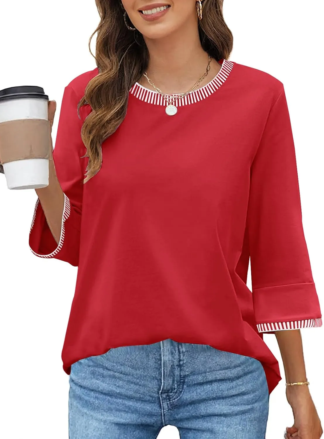 MEROKEETY Women's 3/4 Length Sleeve Tops Dressy Casual Crew Neck Loose Trendy Spring Blouses T Shirts