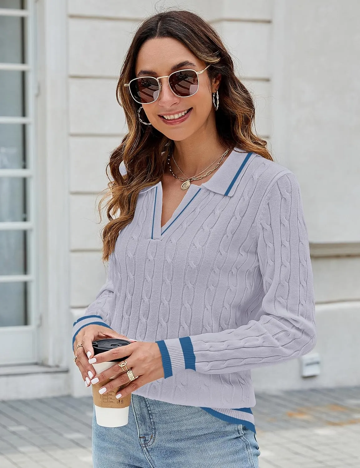 Micoson Womens Fall Long Sleeve Sweaters Lapel V Neck Cable Knitted Pullover Casual Soft Jumper Top