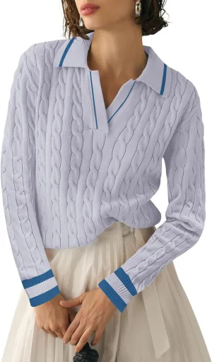 Micoson Womens Fall Long Sleeve Sweaters Lapel V Neck Cable Knitted Pullover Casual Soft Jumper Top