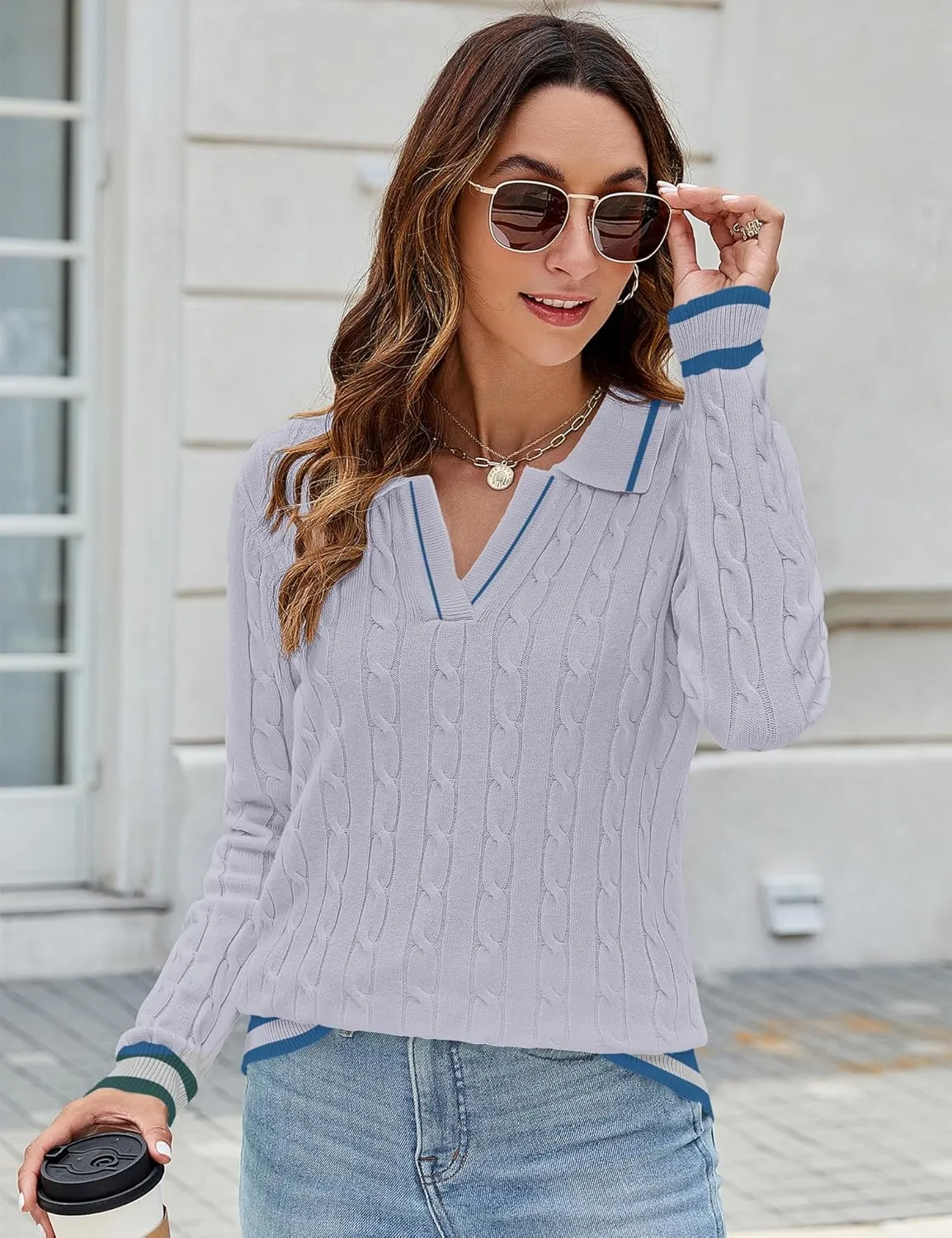 Micoson Womens Fall Long Sleeve Sweaters Lapel V Neck Cable Knitted Pullover Casual Soft Jumper Top