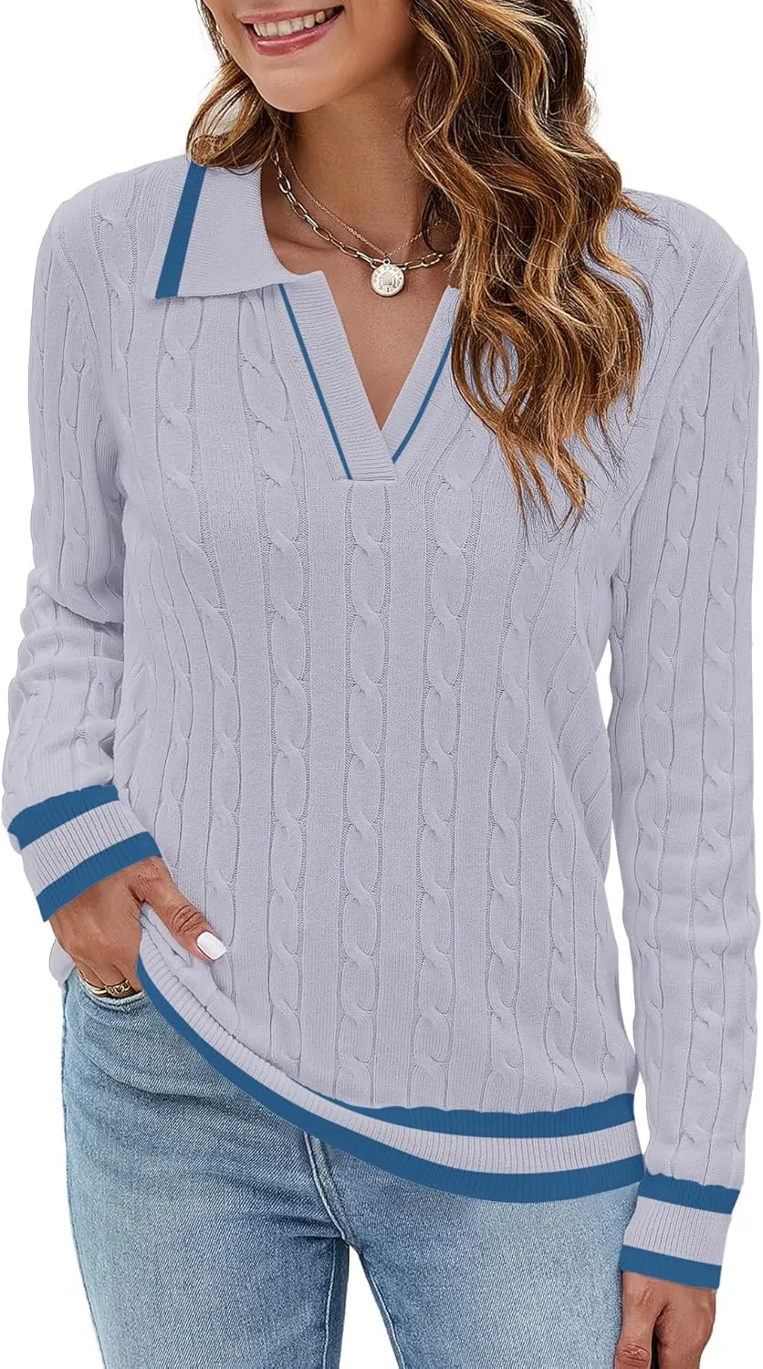 Micoson Womens Fall Long Sleeve Sweaters Lapel V Neck Cable Knitted Pullover Casual Soft Jumper Top
