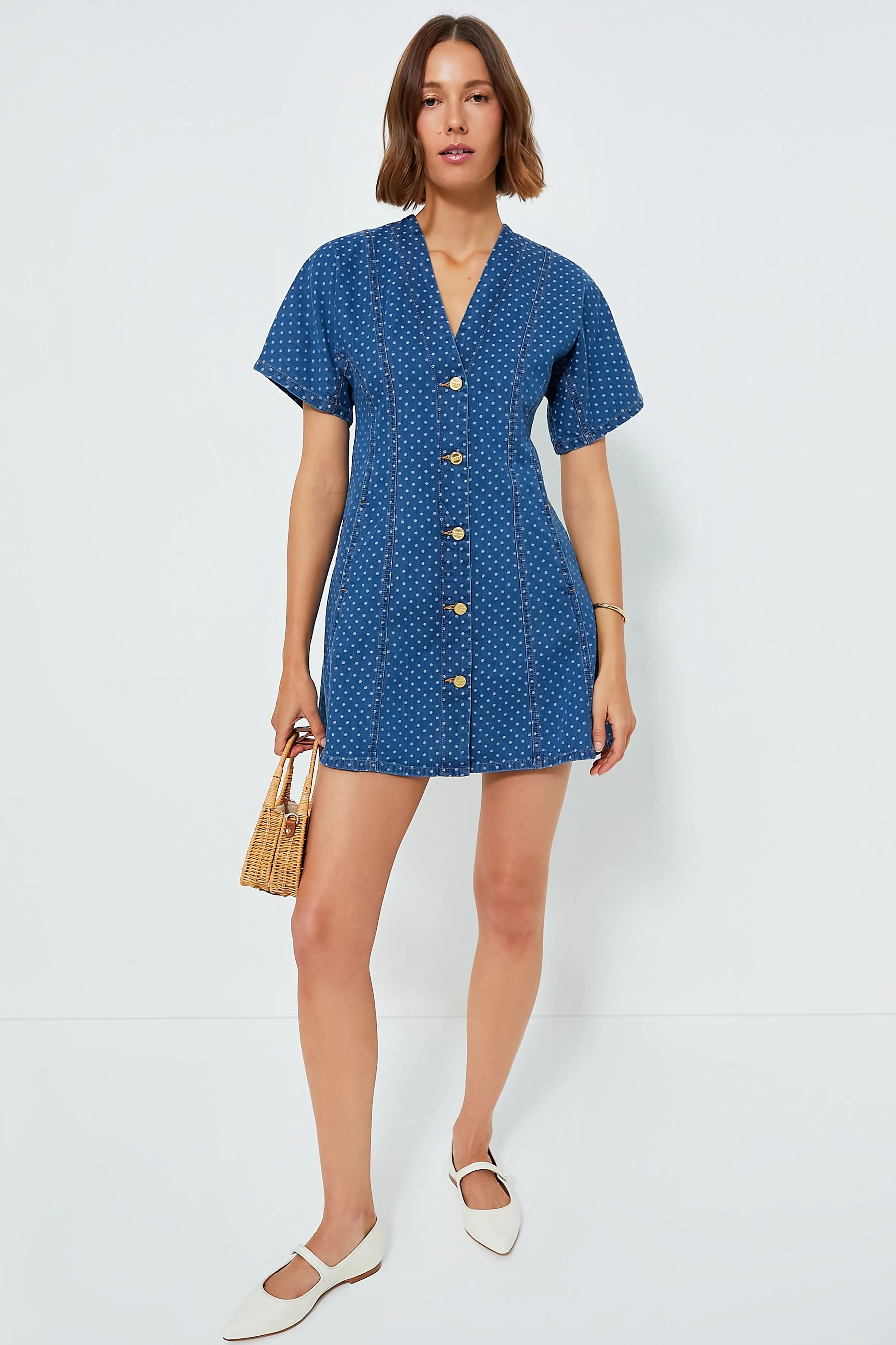 Mid Blue Stone Light Jacquard Denim Mini Dress