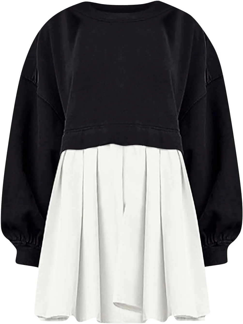midelxp Womens Oversized Sweatshirt Dress Crewneck Patchwork Preppy Clothes Fall Long Sleeve Pullover Pleated Hem Mini Dress