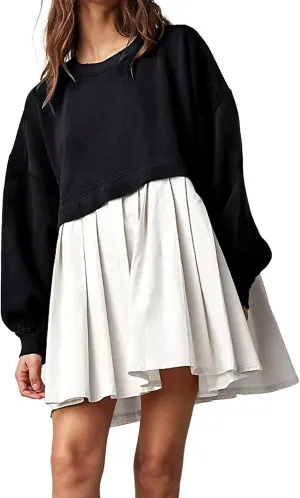 midelxp Womens Oversized Sweatshirt Dress Crewneck Patchwork Preppy Clothes Fall Long Sleeve Pullover Pleated Hem Mini Dress