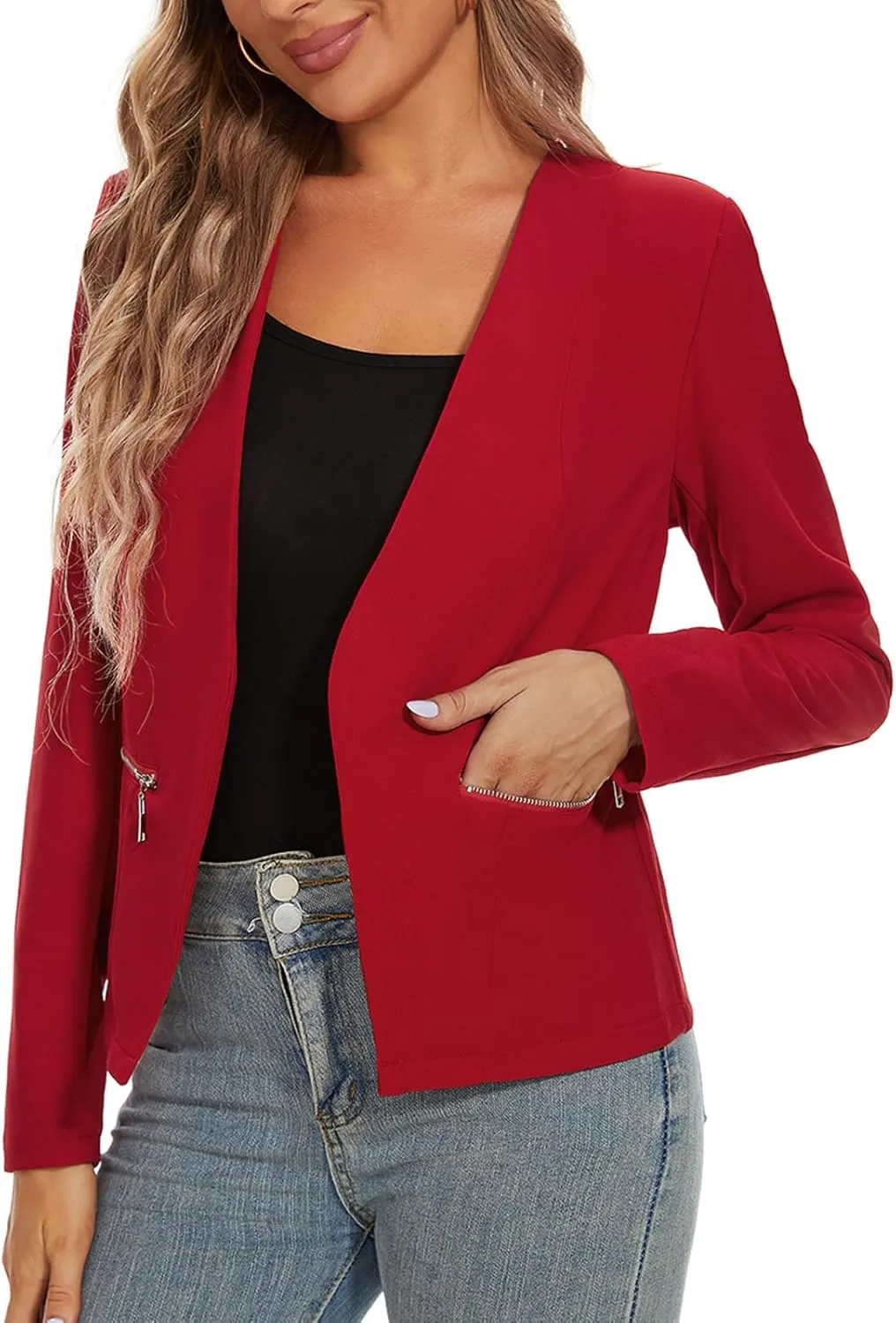 MINTLIMIT Blazers for Women Business Casual Cropped Blazer Open Front Collarless Cardigan Jacket with Zipper Pockets