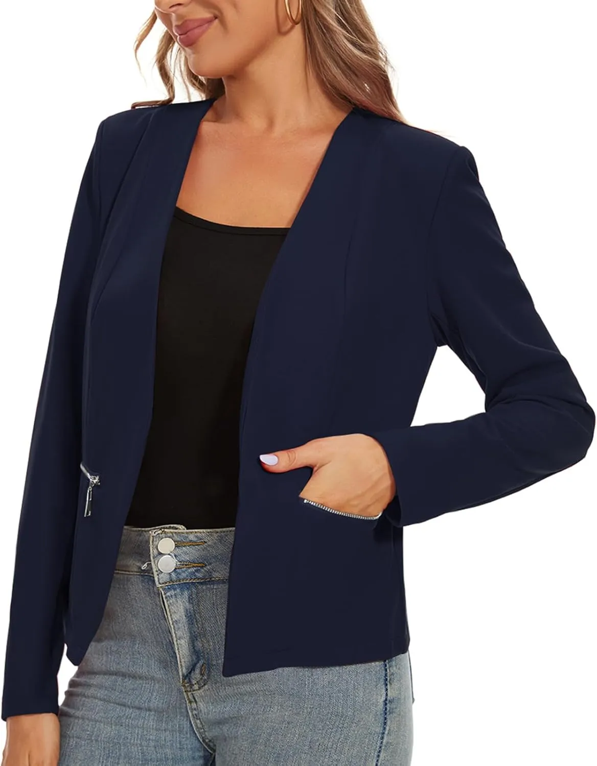 MINTLIMIT Blazers for Women Business Casual Cropped Blazer Open Front Collarless Cardigan Jacket with Zipper Pockets