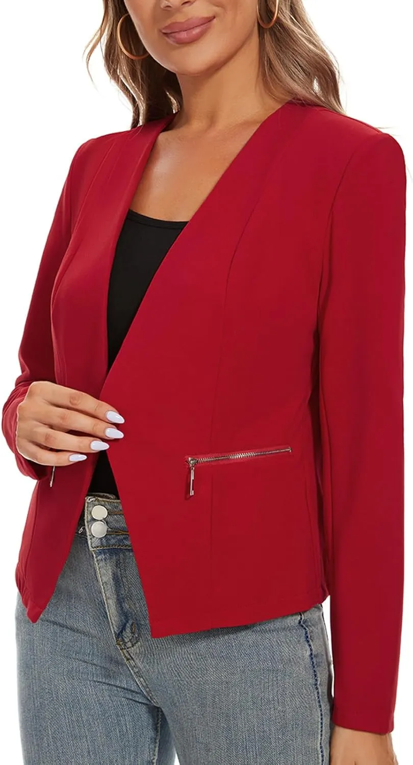 MINTLIMIT Blazers for Women Business Casual Cropped Blazer Open Front Collarless Cardigan Jacket with Zipper Pockets
