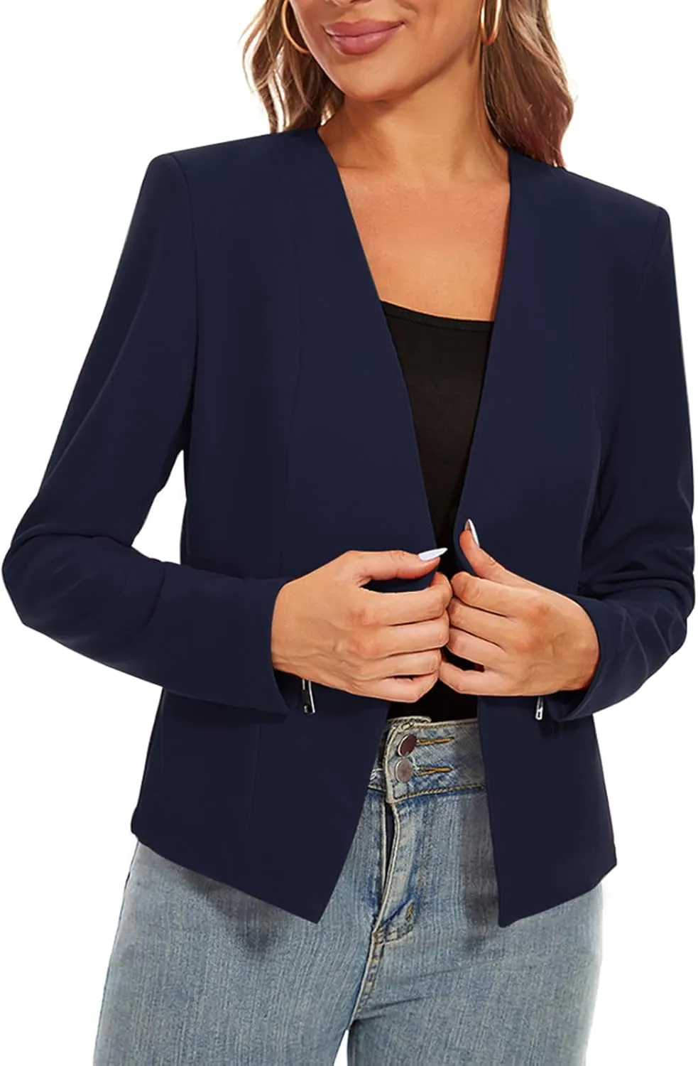 MINTLIMIT Blazers for Women Business Casual Cropped Blazer Open Front Collarless Cardigan Jacket with Zipper Pockets