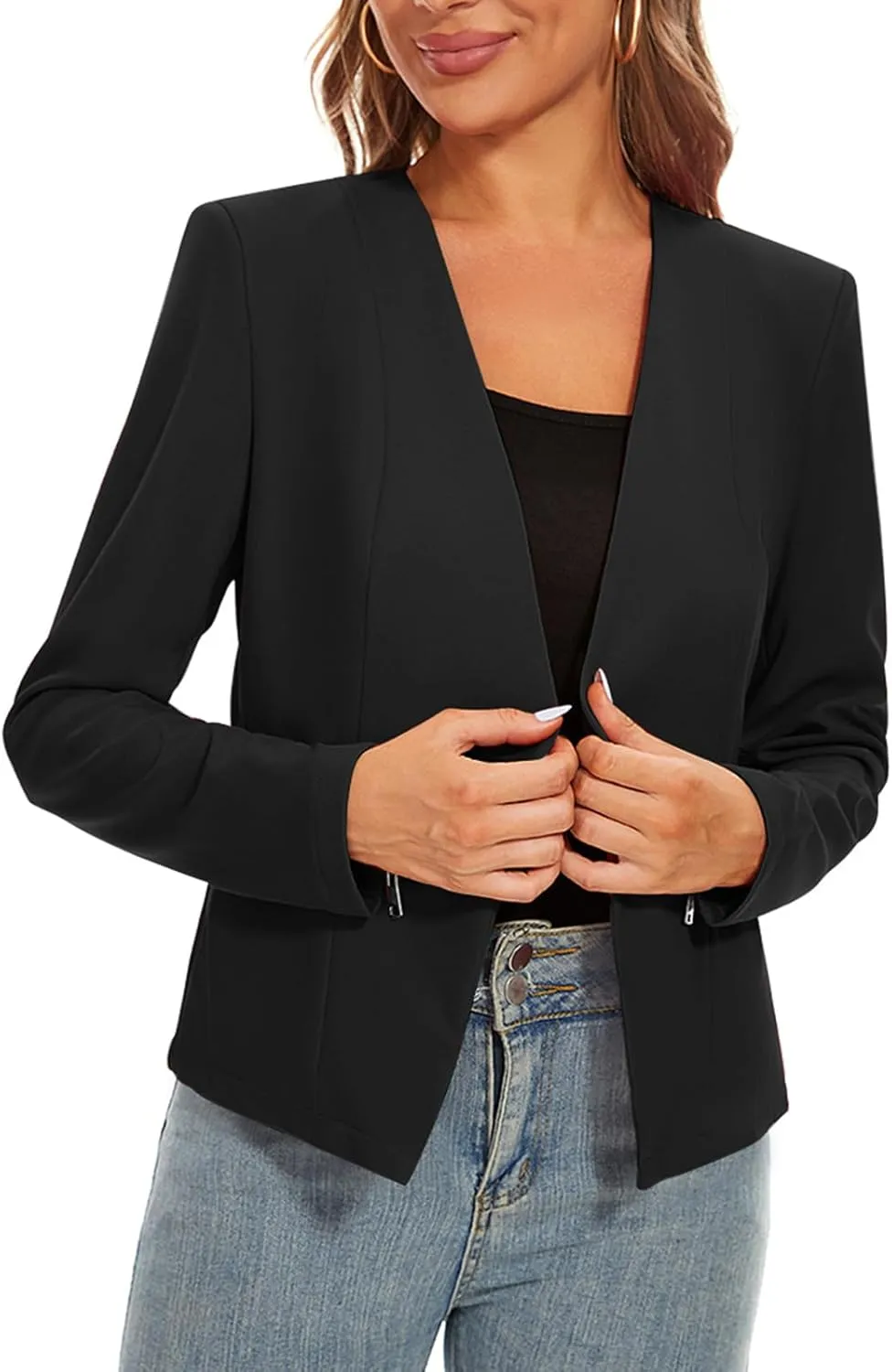 MINTLIMIT Blazers for Women Business Casual Cropped Blazer Open Front Collarless Cardigan Jacket with Zipper Pockets