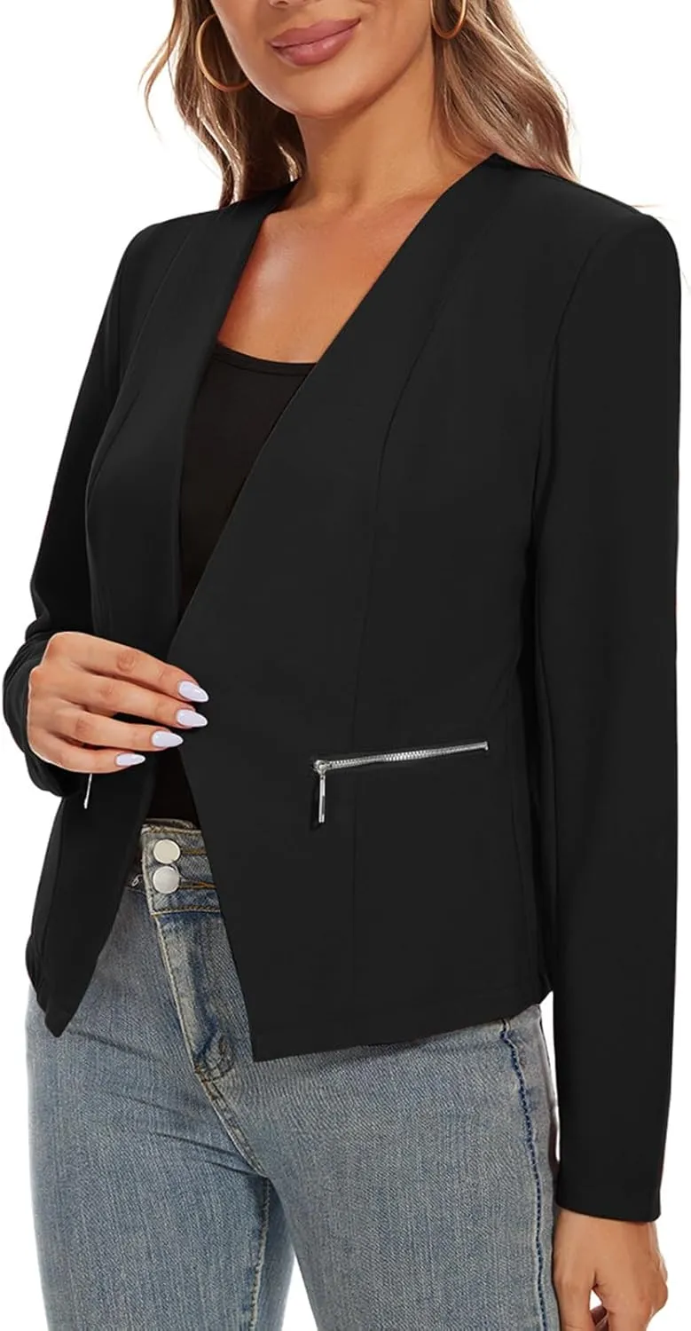 MINTLIMIT Blazers for Women Business Casual Cropped Blazer Open Front Collarless Cardigan Jacket with Zipper Pockets