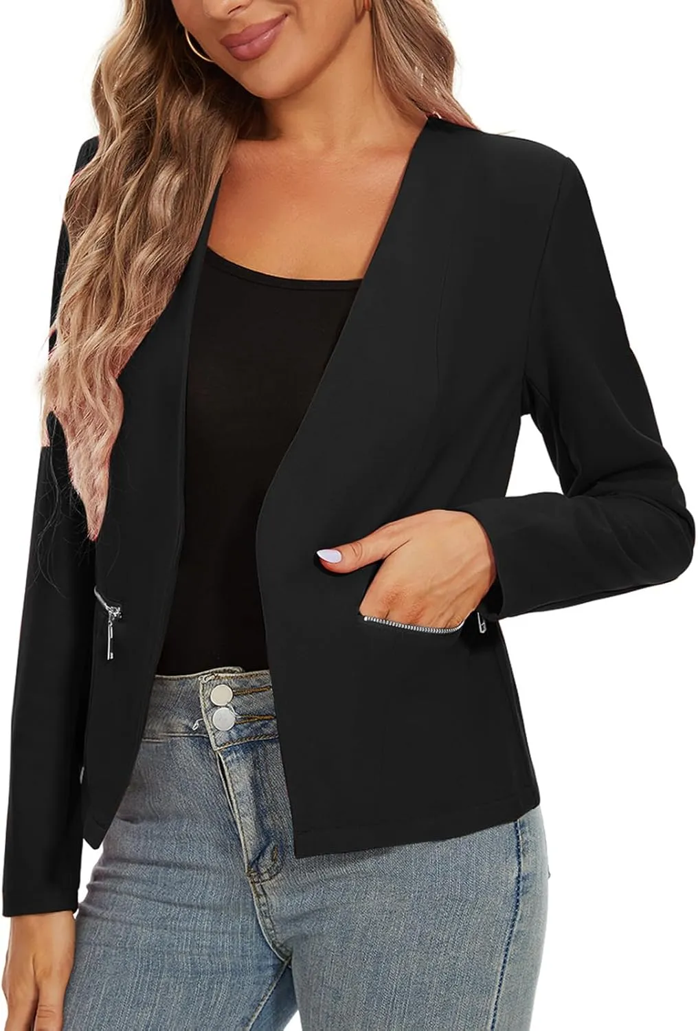 MINTLIMIT Blazers for Women Business Casual Cropped Blazer Open Front Collarless Cardigan Jacket with Zipper Pockets