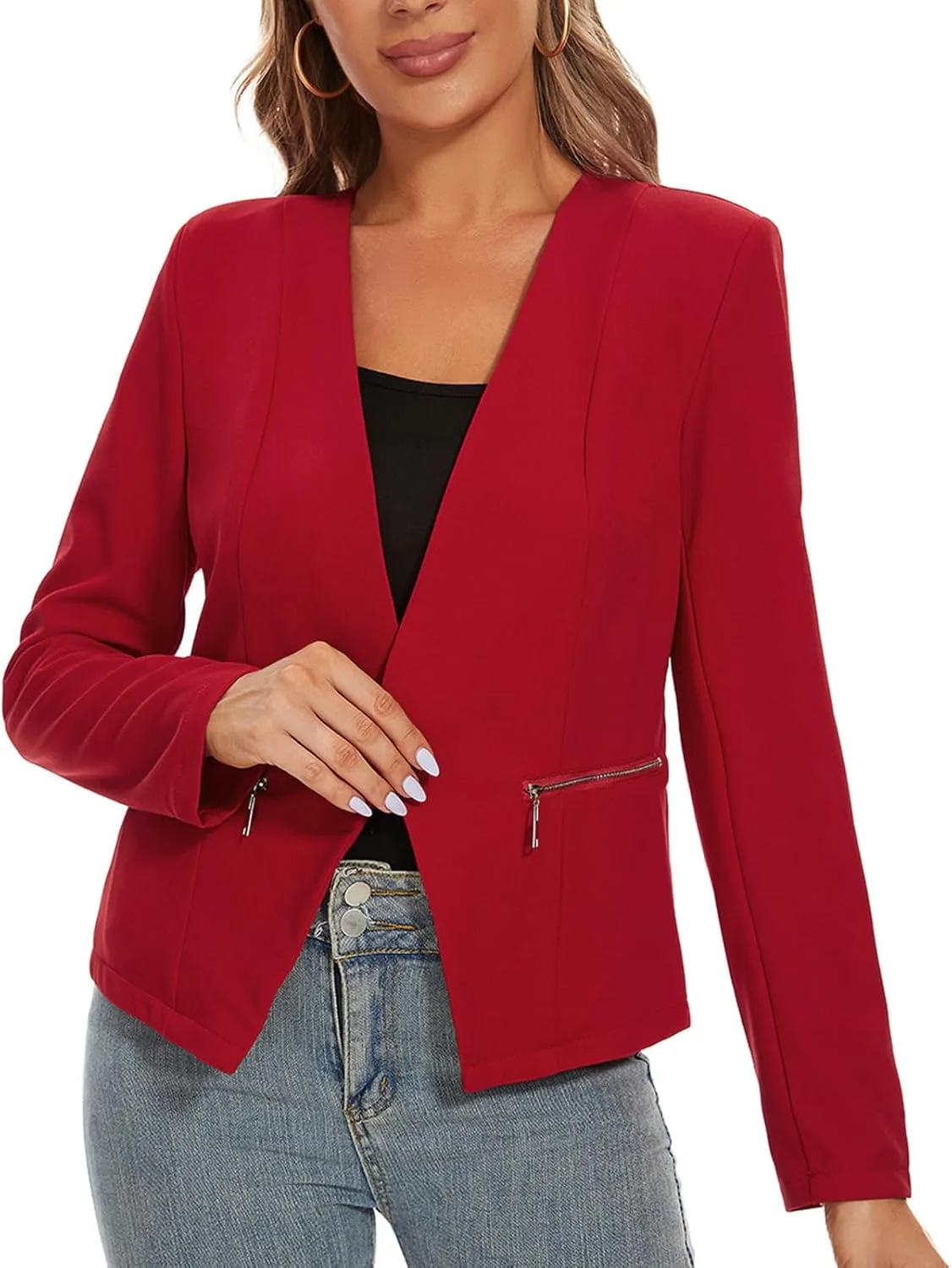 MINTLIMIT Blazers for Women Business Casual Cropped Blazer Open Front Collarless Cardigan Jacket with Zipper Pockets