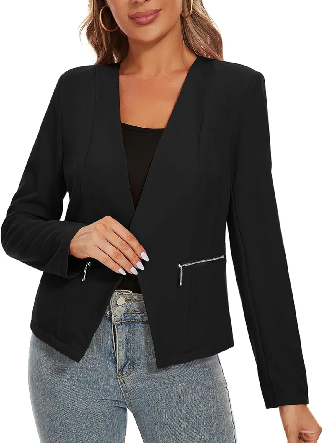MINTLIMIT Blazers for Women Business Casual Cropped Blazer Open Front Collarless Cardigan Jacket with Zipper Pockets