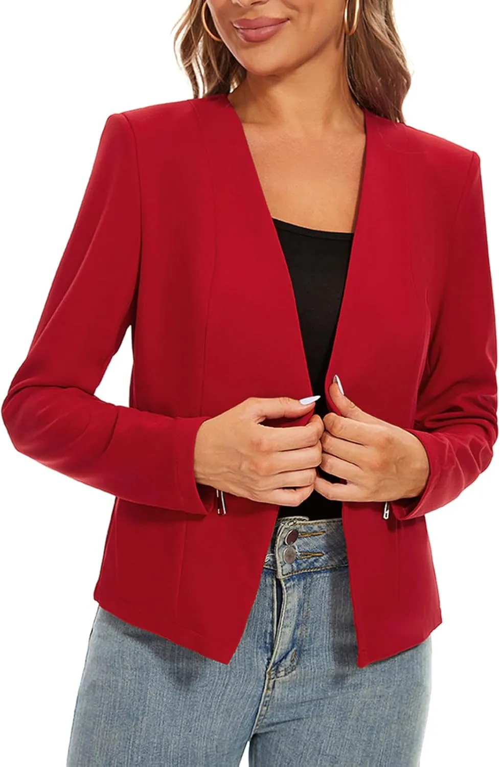 MINTLIMIT Blazers for Women Business Casual Cropped Blazer Open Front Collarless Cardigan Jacket with Zipper Pockets