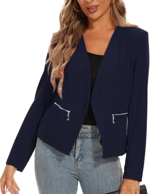 MINTLIMIT Blazers for Women Business Casual Cropped Blazer Open Front Collarless Cardigan Jacket with Zipper Pockets