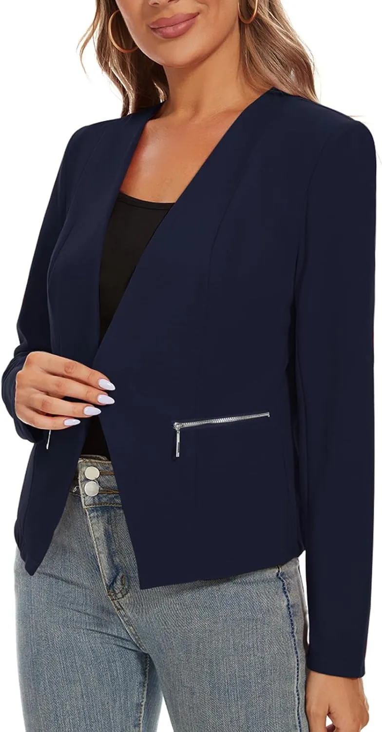 MINTLIMIT Blazers for Women Business Casual Cropped Blazer Open Front Collarless Cardigan Jacket with Zipper Pockets