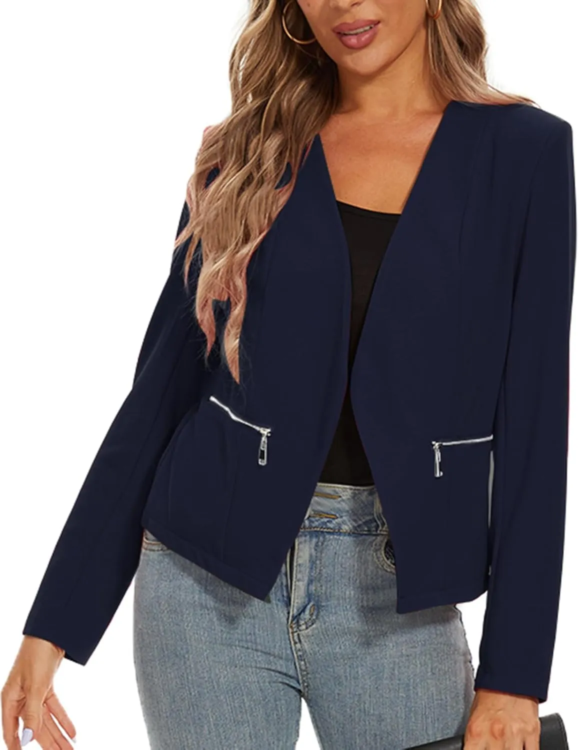 MINTLIMIT Blazers for Women Business Casual Cropped Blazer Open Front Collarless Cardigan Jacket with Zipper Pockets