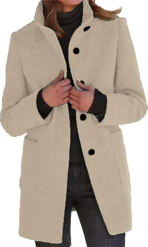 Mmoneyake Pea Coats for Women Single Breasted Stand Collar Casual Trench Coat Warm Winter Coats Wool Blazer Jacket Overcoat
