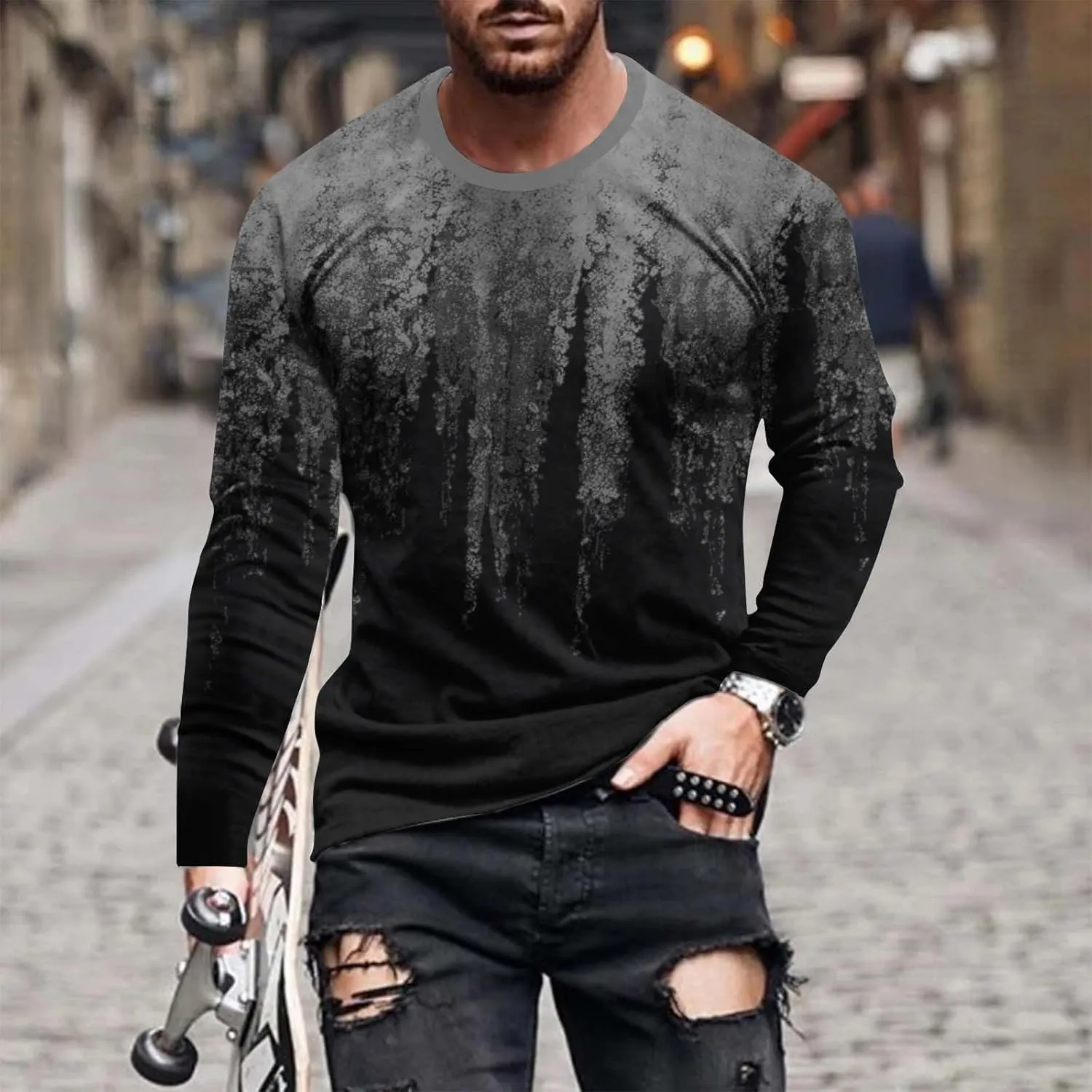 Muscularfit Mens Long Sleeve Shirts Casual Gradient Color Loose Pullover Graphic Tee Shirts Fall Fashion Athletic Sweatshirts