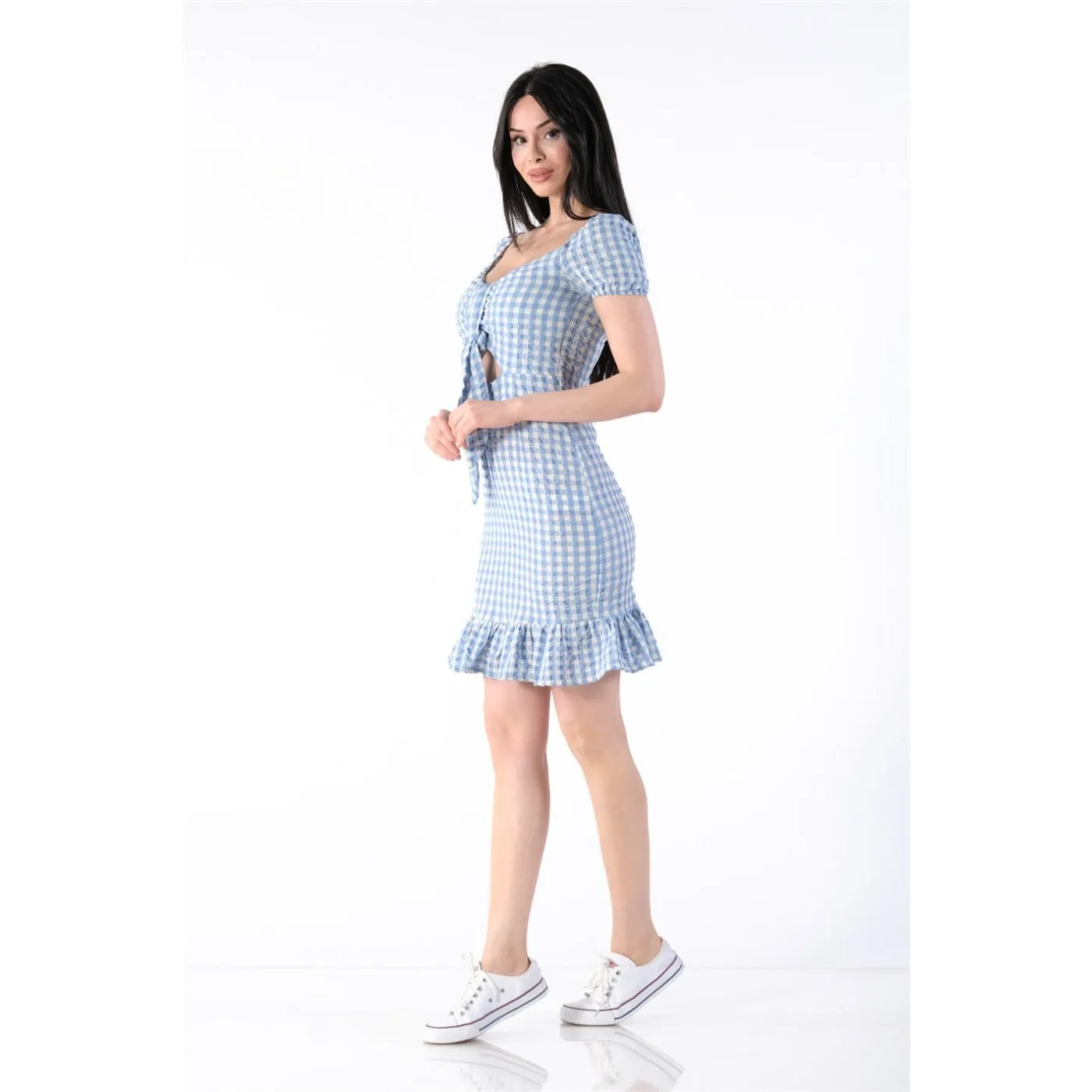 Neck Belted Plaid Blue Dress