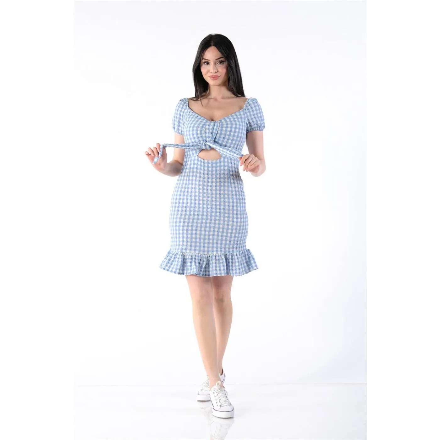 Neck Belted Plaid Blue Dress