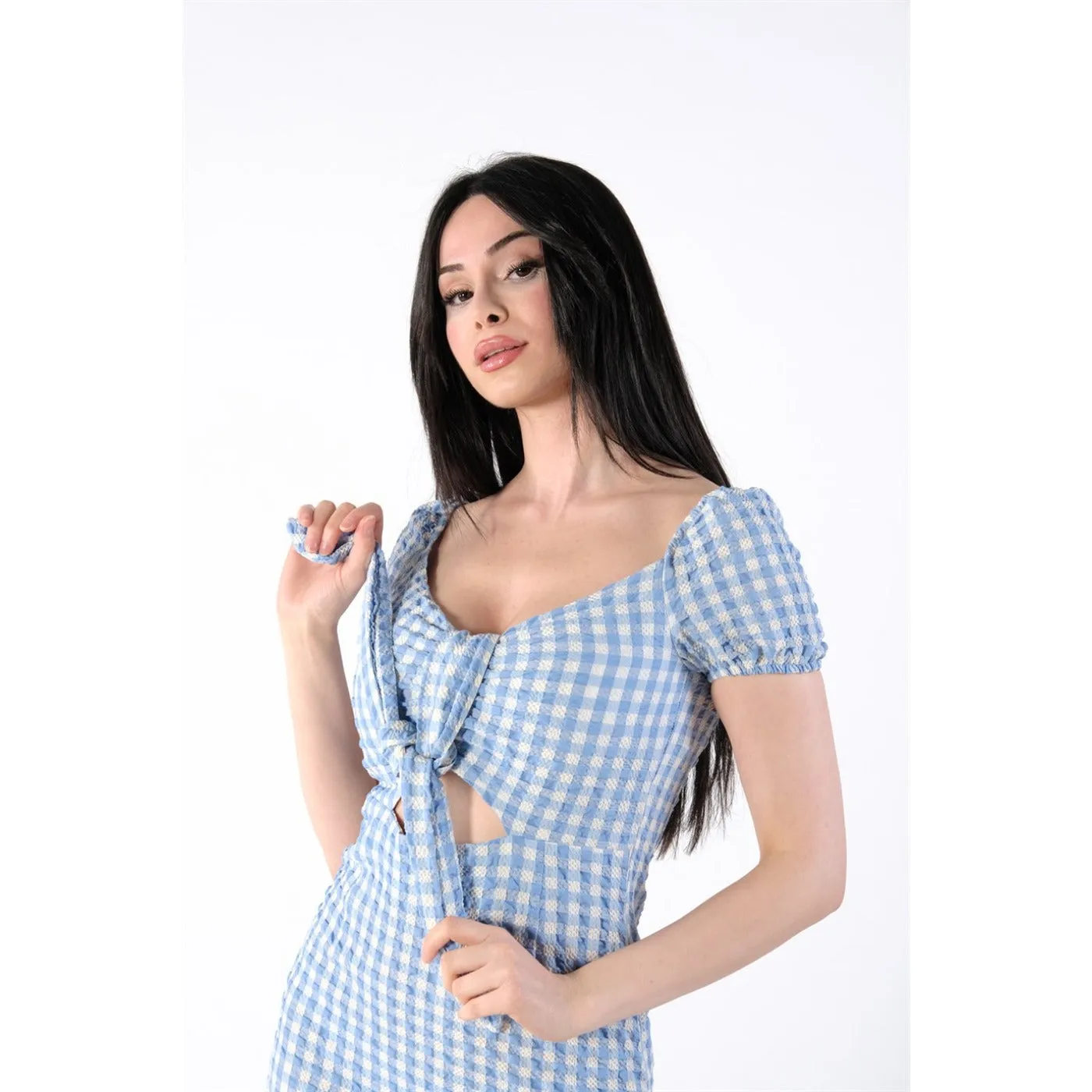 Neck Belted Plaid Blue Dress