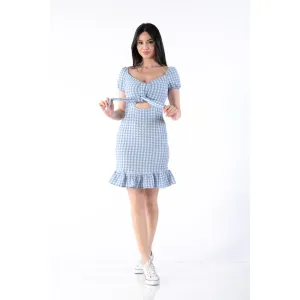 Neck Belted Plaid Blue Dress