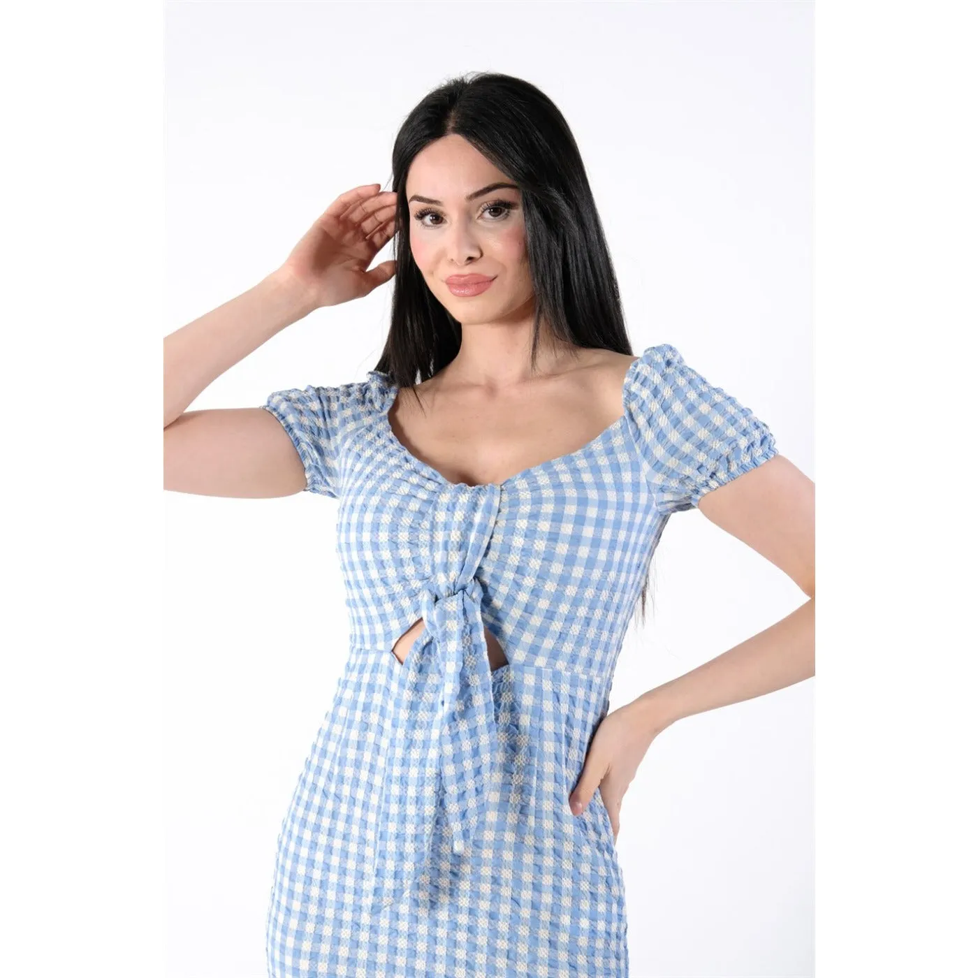 Neck Belted Plaid Blue Dress